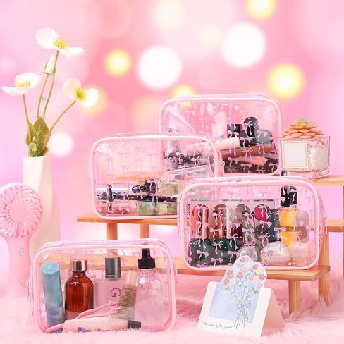 Kacctyen 12 PCS Pink Bow Cosmetic Bag Coquette preppy pvc bag bag bag bag bage clear clear shippered travel pouch pouch for women birthday party form in Kuwait