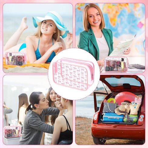 Kacctyen 12 PCS Pink Bow Cosmetic Bag Coquette preppy pvc bag bag bag bag bage clear clear shippered travel pouch pouch for women birthday party form in Kuwait