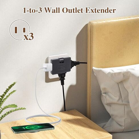 3 Way Flat Wall Outlet Extender Adapter- 2 Pack 180 Degrees Rotatable Flat Plug AC Adapter, 2 Prong Foldable Swivel Outlet Extender, Outlet Splitter for Behind Furniture (White, Type A) in Saudi Arabia