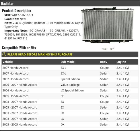 Radiator - Compatible with 2003-2007 Honda Accord 2.4L 4-Cylinder in Saudi Arabia