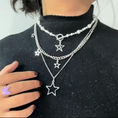 Lakiyoyo Silver Star Netclace Star Y2K قلادة مكتمدة مكتنزة مجوهرات شاطئ الصيف مع سلاسل فضية للنساء in Saudi Arabia