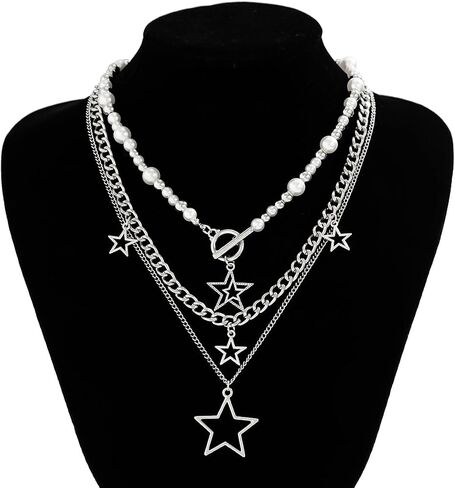 Lakiyoyo Silver Star Netclace Star Y2K قلادة مكتمدة مكتنزة مجوهرات شاطئ الصيف مع سلاسل فضية للنساء in Saudi Arabia