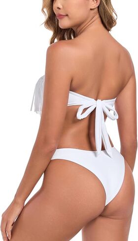 Ocean Blues Women's Cheeky من قطعتين Fringe Bandeau Bikini مجموعة أعلى من قميص مع بدلة الاستحمام الخلفية التعادل in Kuwait