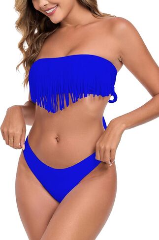 Ocean Blues Women's Cheeky من قطعتين Fringe Bandeau Bikini مجموعة أعلى من قميص مع بدلة الاستحمام الخلفية التعادل in Kuwait
