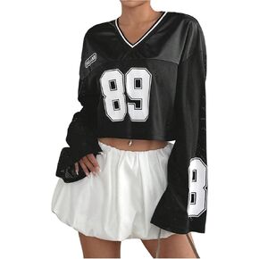 Milumia Women's Number Print Jersey Shirts Y2k Bell Long Sleeve V Neck Crop Top Streetwear in Kuwait
