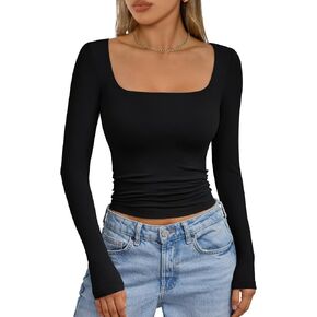 Trendy Queen Womens Double Lined Square Neck Long Sleeve Slightly Crop Slim Fit Tops Casual Layer Basic Tee Shirts 2025 in Saudi Arabia