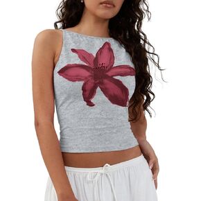 Cioatin Women Cute Yellow Floral Print Crop Tank Tops Sleeveless Slim Fit Cotton Y2K Aesthetic Preppy Summer Cami Outfit in Kuwait