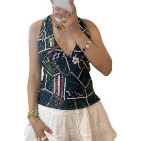 Women Y2k Floral Tank Top Sequin Halter Neck Beaded Top Sleeveless Tie Up Open Back Crop Top Summer Club Streetwear in Kuwait