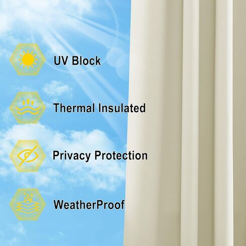 NICETOWN 2 Panels Outdoor Patio Curtainss Waterproof Room Darkening Drapes, Detachable Sticky Tab Top Thermal Insulated Privacy Outdoor Dividers for Canopy/Doorway, Beige, W52 x L84 in Saudi Arabia