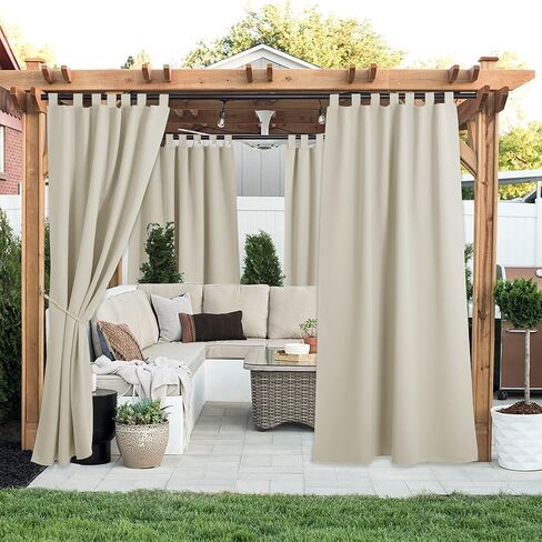 NICETOWN 2 Panels Outdoor Patio Curtainss Waterproof Room Darkening Drapes, Detachable Sticky Tab Top Thermal Insulated Privacy Outdoor Dividers for Canopy/Doorway, Beige, W52 x L84 in Saudi Arabia