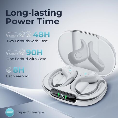 سماعات Occiam Bluetooth سماعات الأذن اللاسلكية 90H Playback Playback Sport Ear Buds with LED عرض شحن في أذن الأذن من سماعات الأذن مع Earhook للتجريب ios android الهواتف المحمولة ، Navy Blue in Saudi Arabia