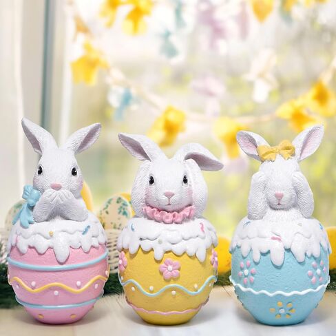 Hodao Easter Bunny Figurines Set of 3 – 5.3" Hand-Painted Resin Decorations with Pastel Easter Egg Design – Perfect for Spring Décor, Tabletops, and Festive Displays (Brown 2pcs) in Saudi Arabia