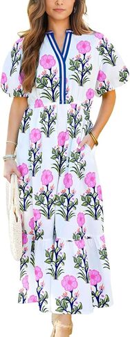 Wolddress Womens Summer Dresses 2025 Casual Puff Short Sleeve V Neck High Waist Flowy Long Maxi Dress in Saudi Arabia