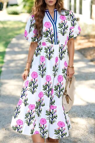 Wolddress Womens Summer Dresses 2025 Casual Puff Short Sleeve V Neck High Waist Flowy Long Maxi Dress in Saudi Arabia