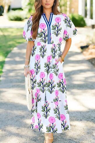 Wolddress Womens Summer Dresses 2025 Casual Puff Short Sleeve V Neck High Waist Flowy Long Maxi Dress in Saudi Arabia
