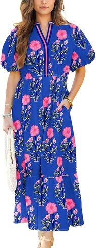 Wolddress Womens Summer Dresses 2025 Casual Puff Short Sleeve V Neck High Waist Flowy Long Maxi Dress in Saudi Arabia