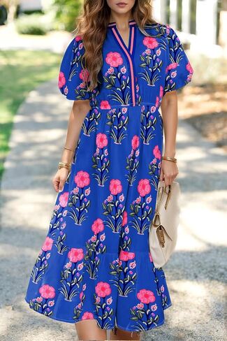 Wolddress Womens Summer Dresses 2025 Casual Puff Short Sleeve V Neck High Waist Flowy Long Maxi Dress in Saudi Arabia
