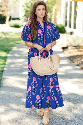 Wolddress Womens Summer Dresses 2025 Casual Puff Short Sleeve V Neck High Waist Flowy Long Maxi Dress in Saudi Arabia