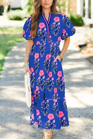 Wolddress Womens Summer Dresses 2025 Casual Puff Short Sleeve V Neck High Waist Flowy Long Maxi Dress in Saudi Arabia