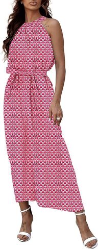 miduo Womens Casual Summer Halter Neck Sleeveless Bohemian Geometric Pattern Flowy A Line Maxi Long Dress with Belt in Kuwait
