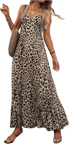 SweatyRocks Women's Leopard Print Ruffle Sleeveless Halter Maxi Dress Vacation Dresses in Saudi Arabia