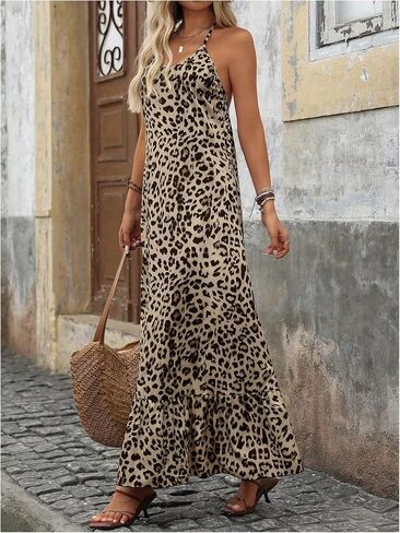 SweatyRocks Women's Leopard Print Ruffle Sleeveless Halter Maxi Dress Vacation Dresses in Saudi Arabia