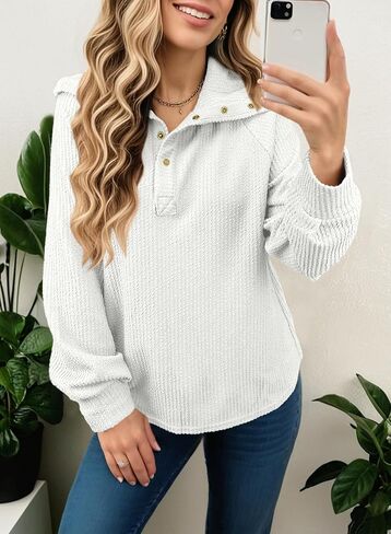Dokotoo Women's Casual Sweatshirt Long Sleeve Button V Neck Loose Knitted Pullover Sweatshirt Tops in Saudi Arabia