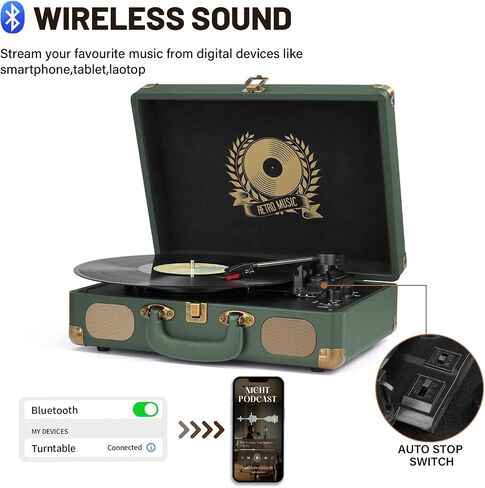 Vinyl Record Player 3-Speed Bluetooth Suitcase Portable Belt-Driven, Supports Bluetooth, RCA Output, 3.5mm aux-in and Headphone Jack and MP3, Mobile Phones Music Playback in Saudi Arabia