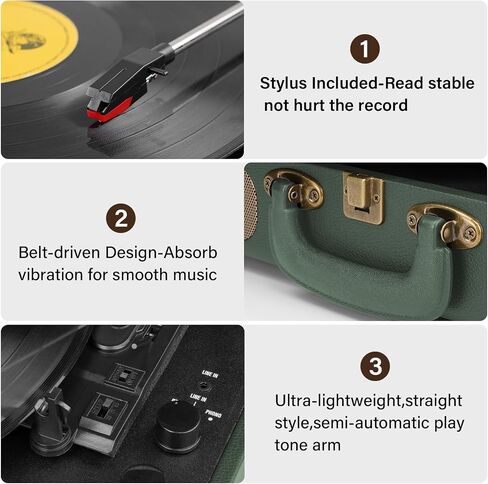 Vinyl Record Player 3-Speed Bluetooth Suitcase Portable Belt-Driven, Supports Bluetooth, RCA Output, 3.5mm aux-in and Headphone Jack and MP3, Mobile Phones Music Playback in Saudi Arabia