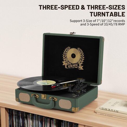 Vinyl Record Player 3-Speed Bluetooth Suitcase Portable Belt-Driven, Supports Bluetooth, RCA Output, 3.5mm aux-in and Headphone Jack and MP3, Mobile Phones Music Playback in Saudi Arabia