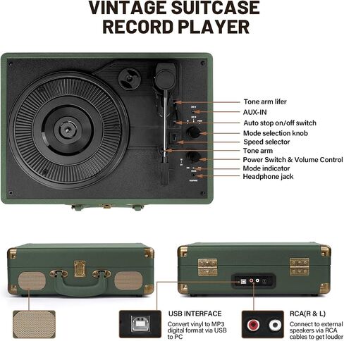 Vinyl Record Player 3-Speed Bluetooth Suitcase Portable Belt-Driven, Supports Bluetooth, RCA Output, 3.5mm aux-in and Headphone Jack and MP3, Mobile Phones Music Playback in Saudi Arabia