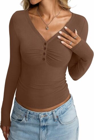 Women Cotton Long Sleeve Henley Shirts V Neck Front Ruched Tops Sexy Low Cut Fitted T-Shirt Trendy Fall Outfits in Saudi Arabia