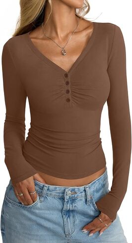 Women Cotton Long Sleeve Henley Shirts V Neck Front Ruched Tops Sexy Low Cut Fitted T-Shirt Trendy Fall Outfits in Saudi Arabia