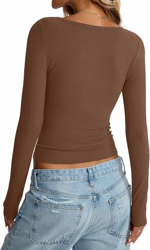 Women Cotton Long Sleeve Henley Shirts V Neck Front Ruched Tops Sexy Low Cut Fitted T-Shirt Trendy Fall Outfits in Saudi Arabia
