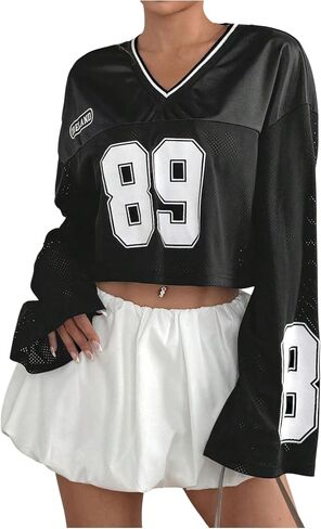 Milumia Women's Number Print Jersey Shirts Y2k Bell Long Sleeve V Neck Crop Top Streetwear in Saudi Arabia
