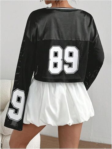 Milumia Women's Number Print Jersey Shirts Y2k Bell Long Sleeve V Neck Crop Top Streetwear in Saudi Arabia