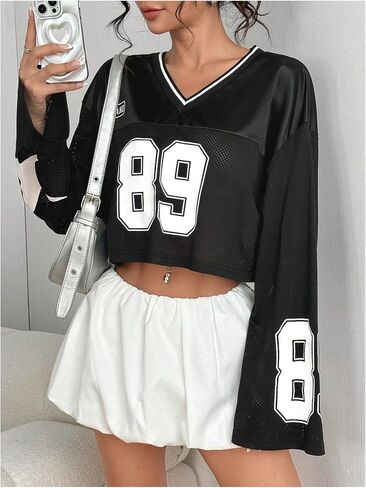 Milumia Women's Number Print Jersey Shirts Y2k Bell Long Sleeve V Neck Crop Top Streetwear in Saudi Arabia