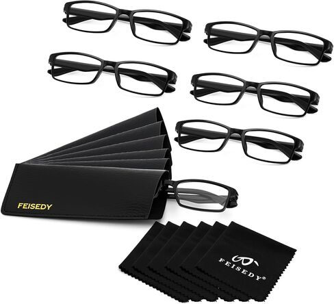 FEISEDY 6 Pack Classic Reading Glasses - Traditional, Lightweight, Black Frame, Rectangular Readers B0297 in Saudi Arabia
