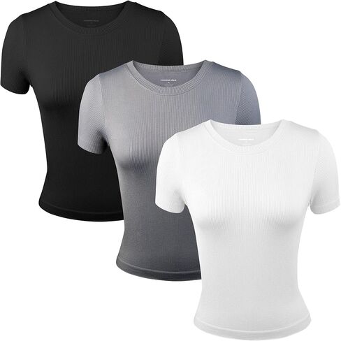 3 Pack Stretch Workout Tee Shirts for Women, Ribbed Crewneck Womens Short Sleeve Yoga Tees (Available in Plus) in Kuwait