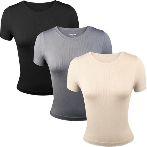 3 Pack Stretch Workout Tee Shirts for Women, Ribbed Crewneck Womens Short Sleeve Yoga Tees (Available in Plus) in Kuwait