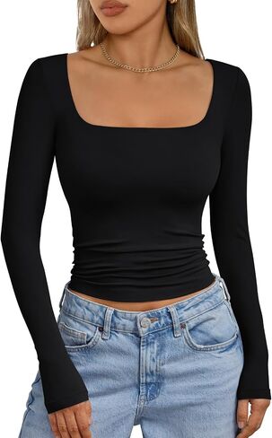 Trendy Queen Womens Double Lined Square Neck Long Sleeve Slightly Crop Slim Fit Tops Casual Layer Basic Tee Shirts 2025 in Saudi Arabia
