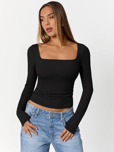 Trendy Queen Womens Double Lined Square Neck Long Sleeve Slightly Crop Slim Fit Tops Casual Layer Basic Tee Shirts 2025 in Saudi Arabia