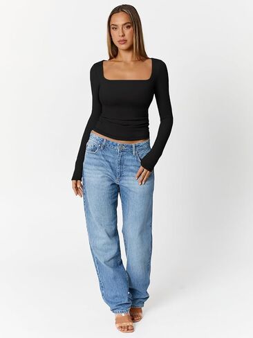 Trendy Queen Womens Double Lined Square Neck Long Sleeve Slightly Crop Slim Fit Tops Casual Layer Basic Tee Shirts 2025 in Saudi Arabia