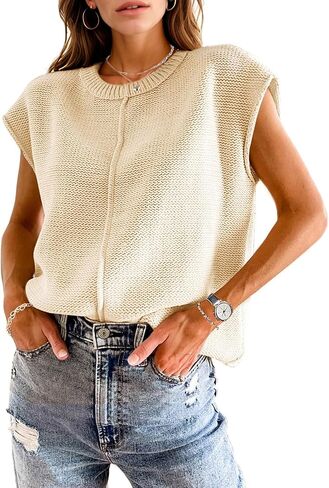 Womens Trendy Cap Sleeve Tops Loose Fit Crewneck Sweater Vest Soft Knit Tank Top Cute Shirts Spring Summer Tops in Kuwait