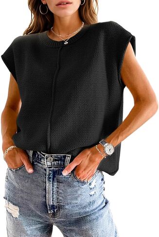Womens Trendy Cap Sleeve Tops Loose Fit Crewneck Sweater Vest Soft Knit Tank Top Cute Shirts Spring Summer Tops in Kuwait