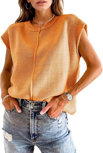 Womens Trendy Cap Sleeve Tops Loose Fit Crewneck Sweater Vest Soft Knit Tank Top Cute Shirts Spring Summer Tops in Kuwait