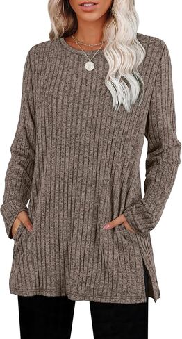 SAMPEEL Womens Sweaters Crewneck Long Sleeve Shirts with Pockets Fall Outfits 2025 Fashion Winter Clothing Side Slit in Saudi Arabia