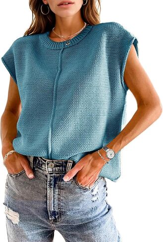 Womens Trendy Cap Sleeve Tops Loose Fit Crewneck Sweater Vest Soft Knit Tank Top Cute Shirts Spring Summer Tops in Kuwait