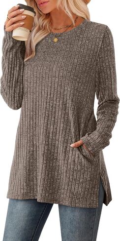 SAMPEEL Womens Sweaters Crewneck Long Sleeve Shirts with Pockets Fall Outfits 2025 Fashion Winter Clothing Side Slit in Saudi Arabia
