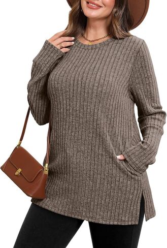 SAMPEEL Womens Sweaters Crewneck Long Sleeve Shirts with Pockets Fall Outfits 2025 Fashion Winter Clothing Side Slit in Saudi Arabia
